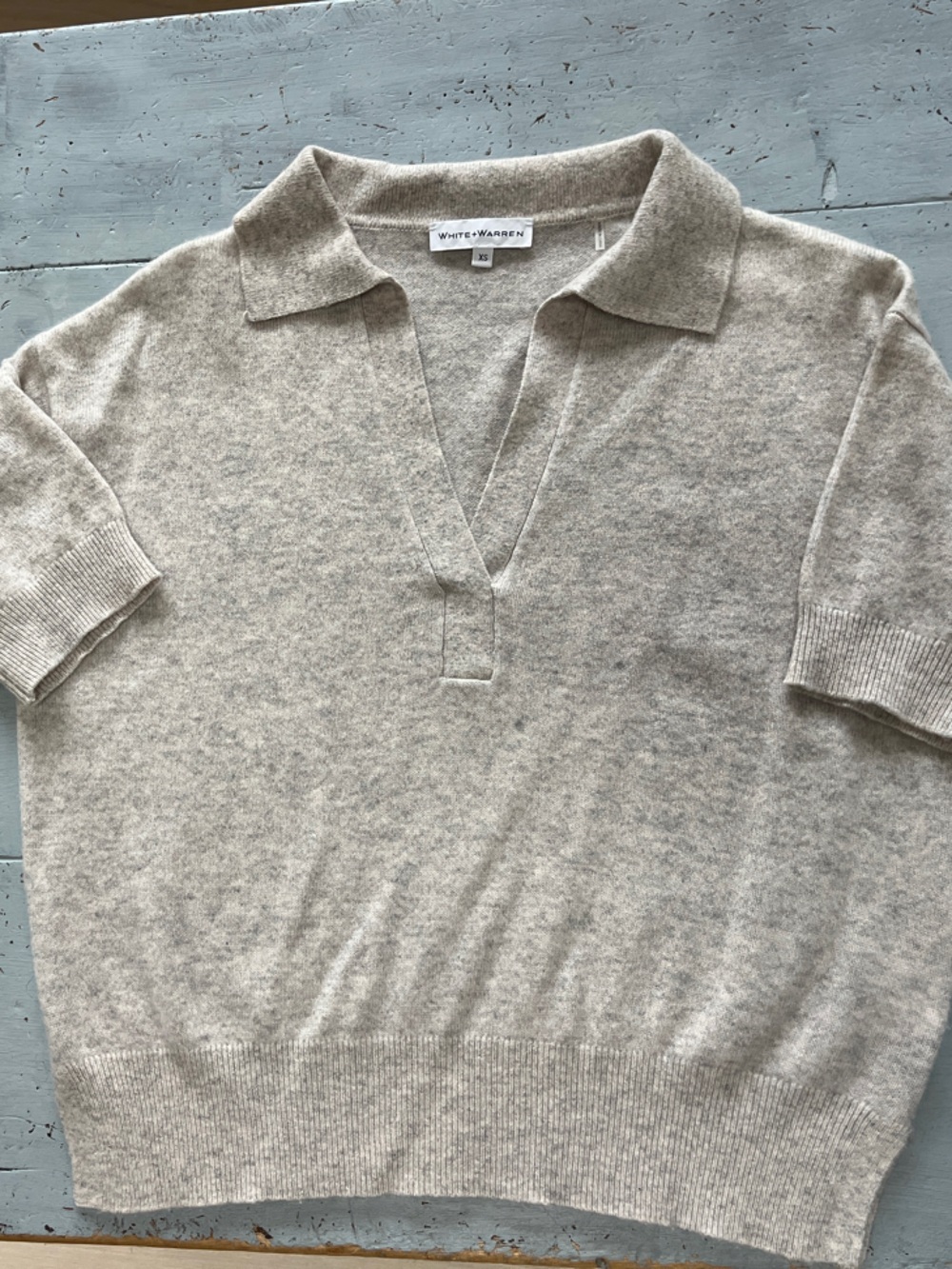 White + Warren Light grey Short-Sleeve V-Neck Polo Sweater
